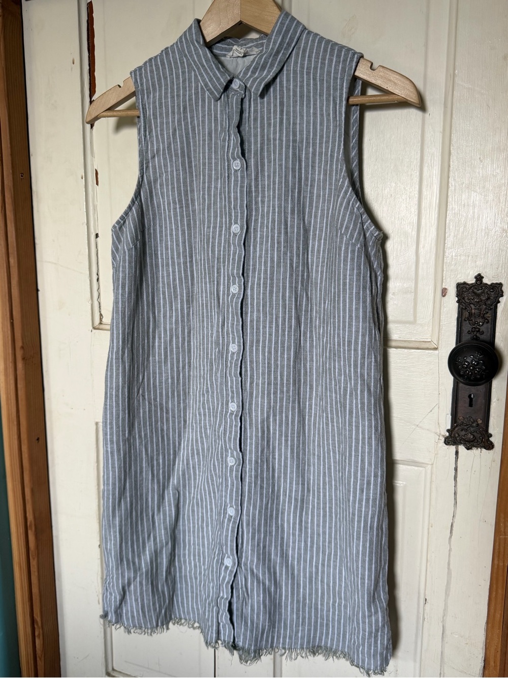 BeachLunchLounge Linen Blend Sleeveless dress Gray-Blue White Stripe Frayed Hem